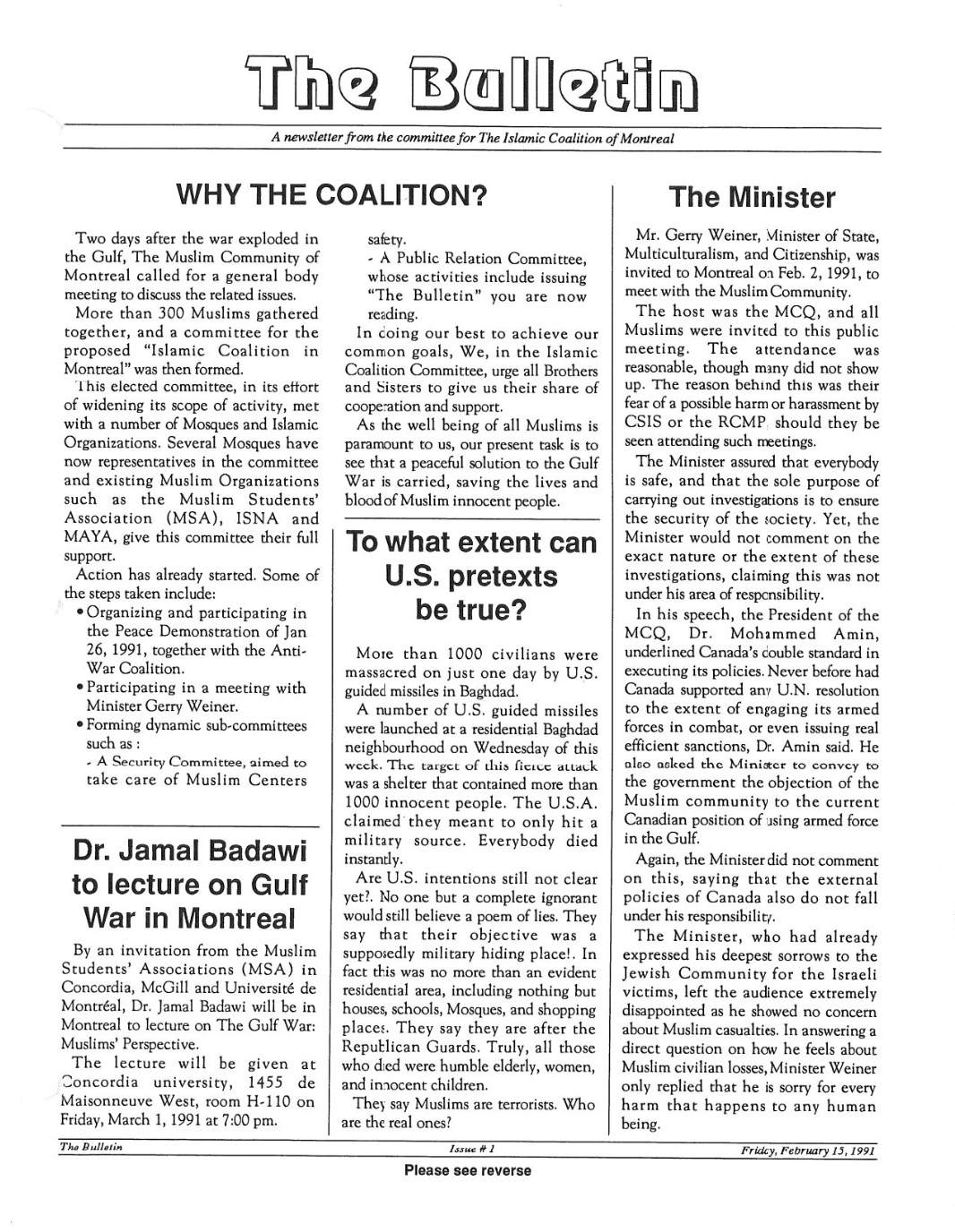 Bulletin Vol. 1 No. 1 by Islamic Coalition of Montreal